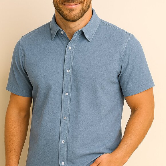 Perry Ellis Mens Stretch Light Blue Short Sleeve Button Up Shirt Size Large - Picture 2 of 6